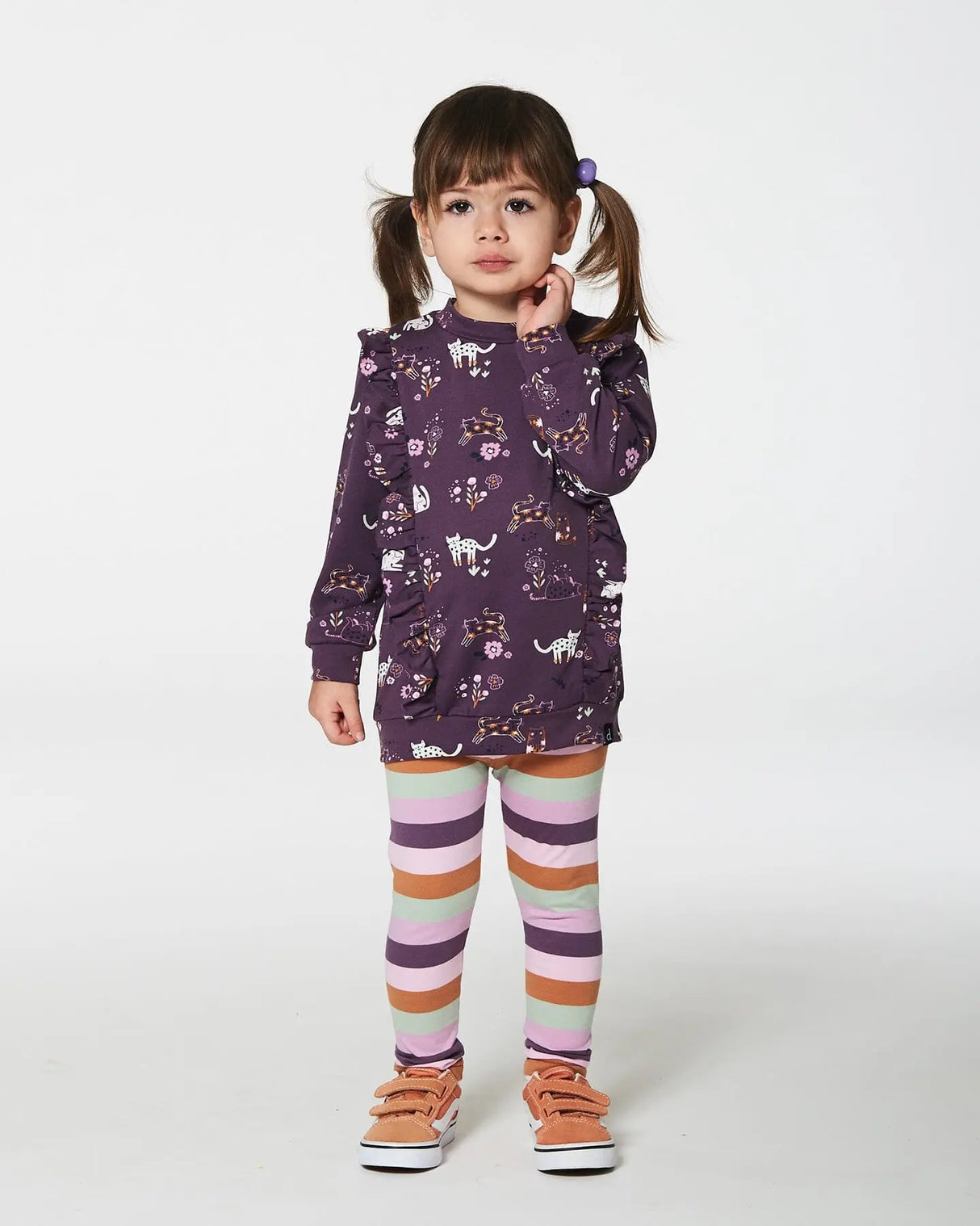 Tunic Mauve Printed Cats And Striped Leggings Set | Deux par Deux | Jenni Kidz