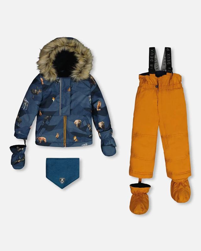 Two Piece Baby Snowsuit Ochre And Navy Printed Mountains Animals | Deux par Deux | Jenni Kidz