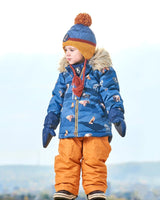 Two Piece Baby Snowsuit Ochre And Navy Printed Mountains Animals | Deux par Deux | Jenni Kidz