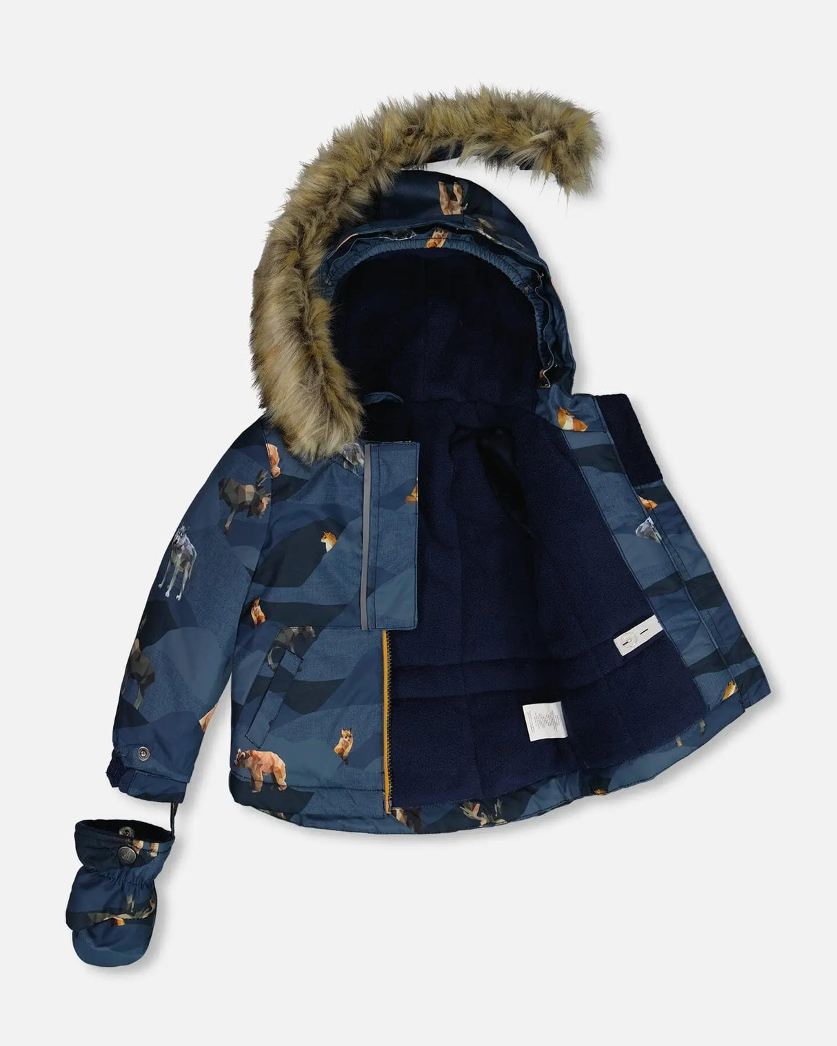 Two Piece Baby Snowsuit Ochre And Navy Printed Mountains Animals | Deux par Deux | Jenni Kidz