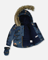 Two Piece Baby Snowsuit Ochre And Navy Printed Mountains Animals | Deux par Deux | Jenni Kidz