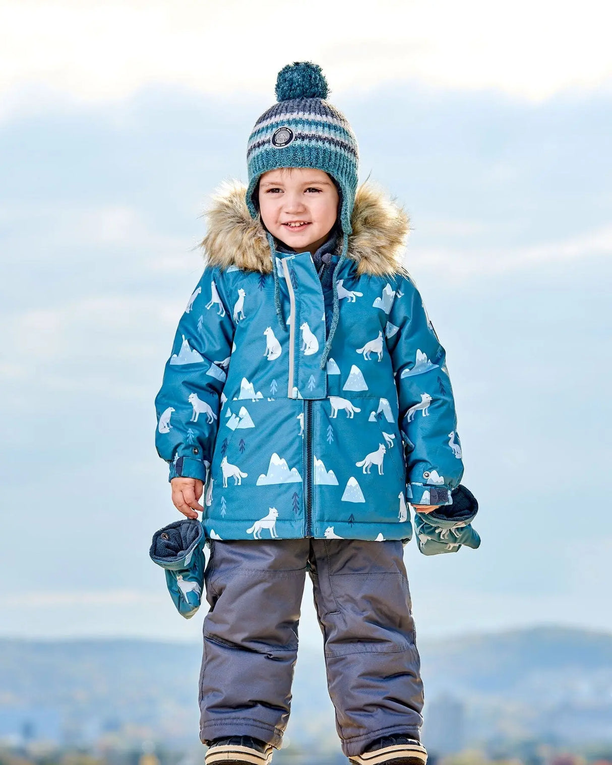 Two Piece Baby Snowsuit Sage Printed Wolves And Dark Grey | Deux par Deux | Jenni Kidz