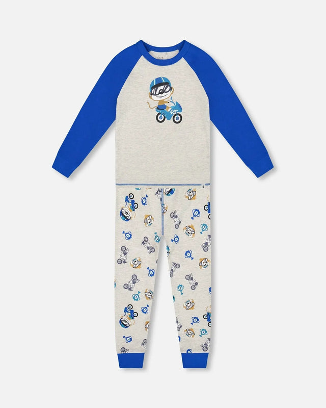 Two-Piece Organic Cotton Pajama Set Beige Monkey Print | Deux par Deux | Jenni Kidz