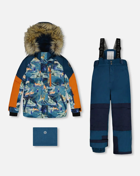 Two Piece Snowsuit Majolica Blue Printed Animals And Glaciers | Deux par Deux | Jenni Kidz