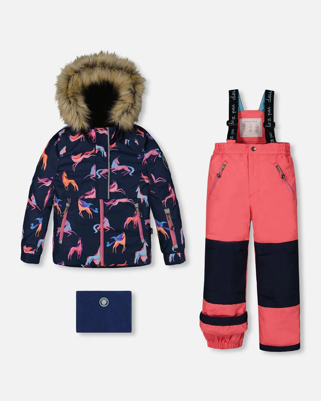 Two Piece Snowsuit Navy Printed Unicorns And Coral | Deux par Deux | Jenni Kidz