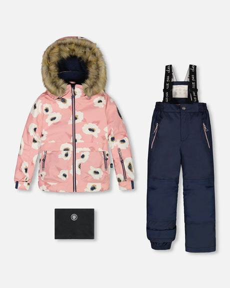 Two Piece Snowsuit Pink Printed Off White Flowers And Navy | Deux par Deux | Jenni Kidz