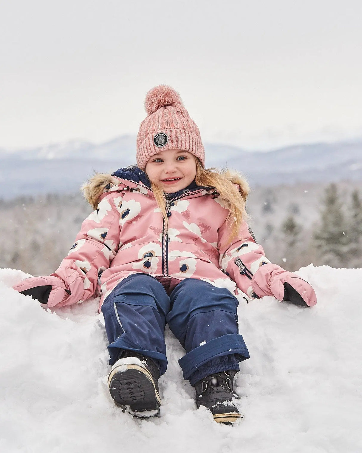 Two Piece Snowsuit Pink Printed Off White Flowers And Navy | Deux par Deux | Jenni Kidz