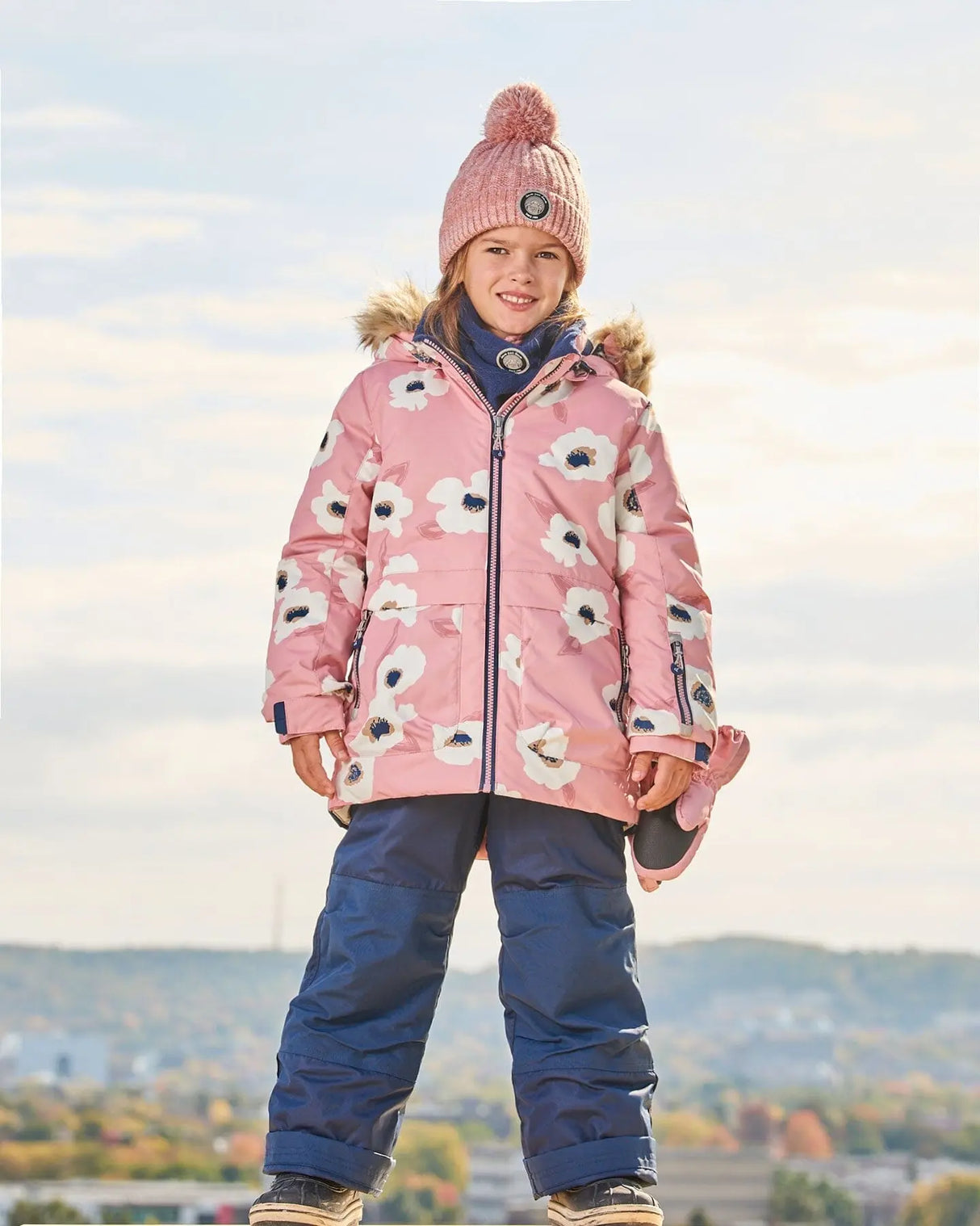 Two Piece Snowsuit Pink Printed Off White Flowers And Navy | Deux par Deux | Jenni Kidz