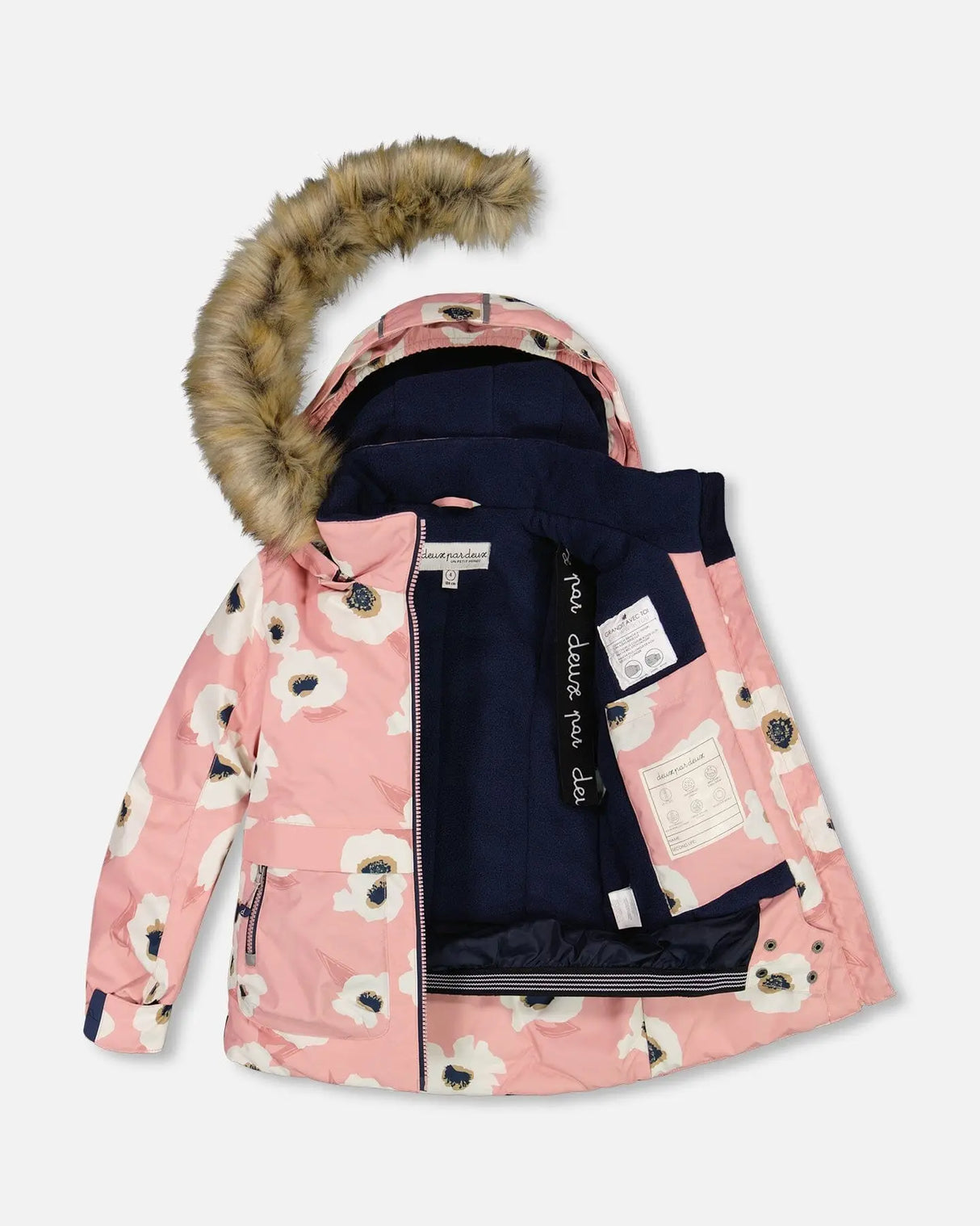 Two Piece Snowsuit Pink Printed Off White Flowers And Navy | Deux par Deux | Jenni Kidz