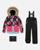 Two Piece Snowsuit Printed Roses With Solid Pant Black | Deux par Deux | Jenni Kidz