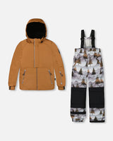 Two Piece Snowsuit Solid Brown Jacket And Grey Landscape Printed Brown Trees | Deux par Deux | Jenni Kidz