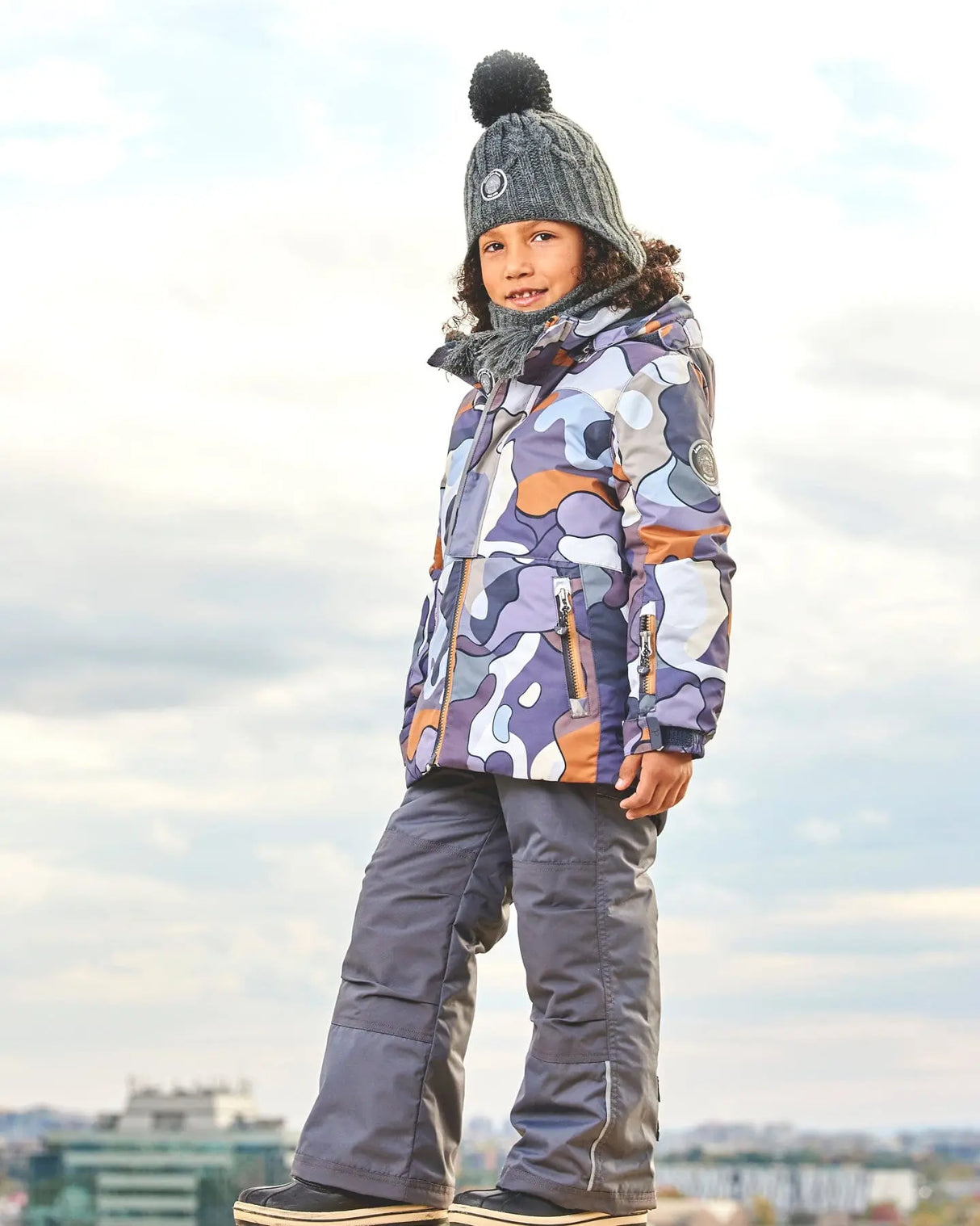 Two Piece Snowsuit Solid Pant And Print Jacket Dark Gray Camo | Deux par Deux | Jenni Kidz