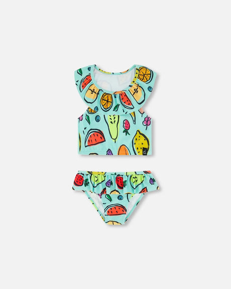 Two Piece Swimsuit Baby Blue Printed Fruits | Deux par Deux | Jenni Kidz