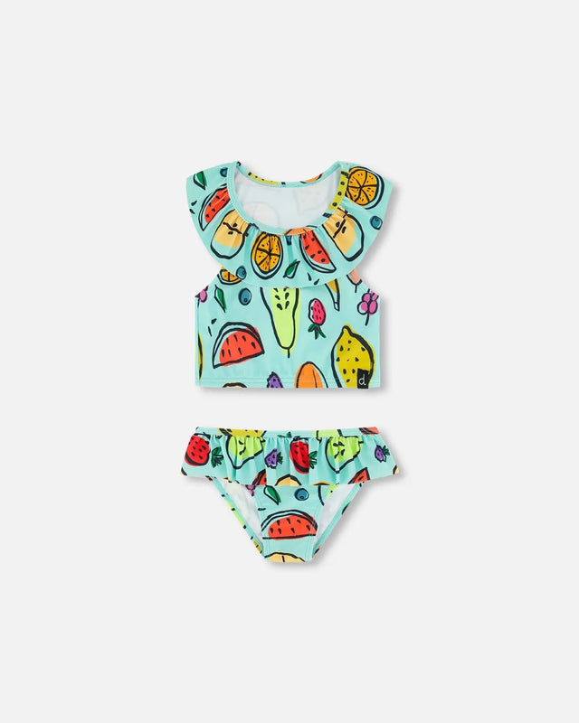 Two Piece Swimsuit Baby Blue Printed Fruits | Deux par Deux | Jenni Kidz