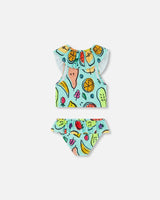 Two Piece Swimsuit Baby Blue Printed Fruits | Deux par Deux | Jenni Kidz