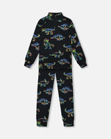 Two Piece Thermal Underwear Set Black Printed Neon Dino | Deux par Deux | Jenni Kidz