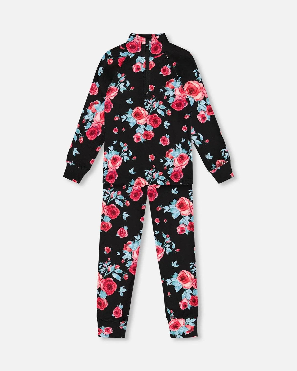 Two Piece Thermal Underwear Set Black Printed Roses | Deux par Deux | Jenni Kidz