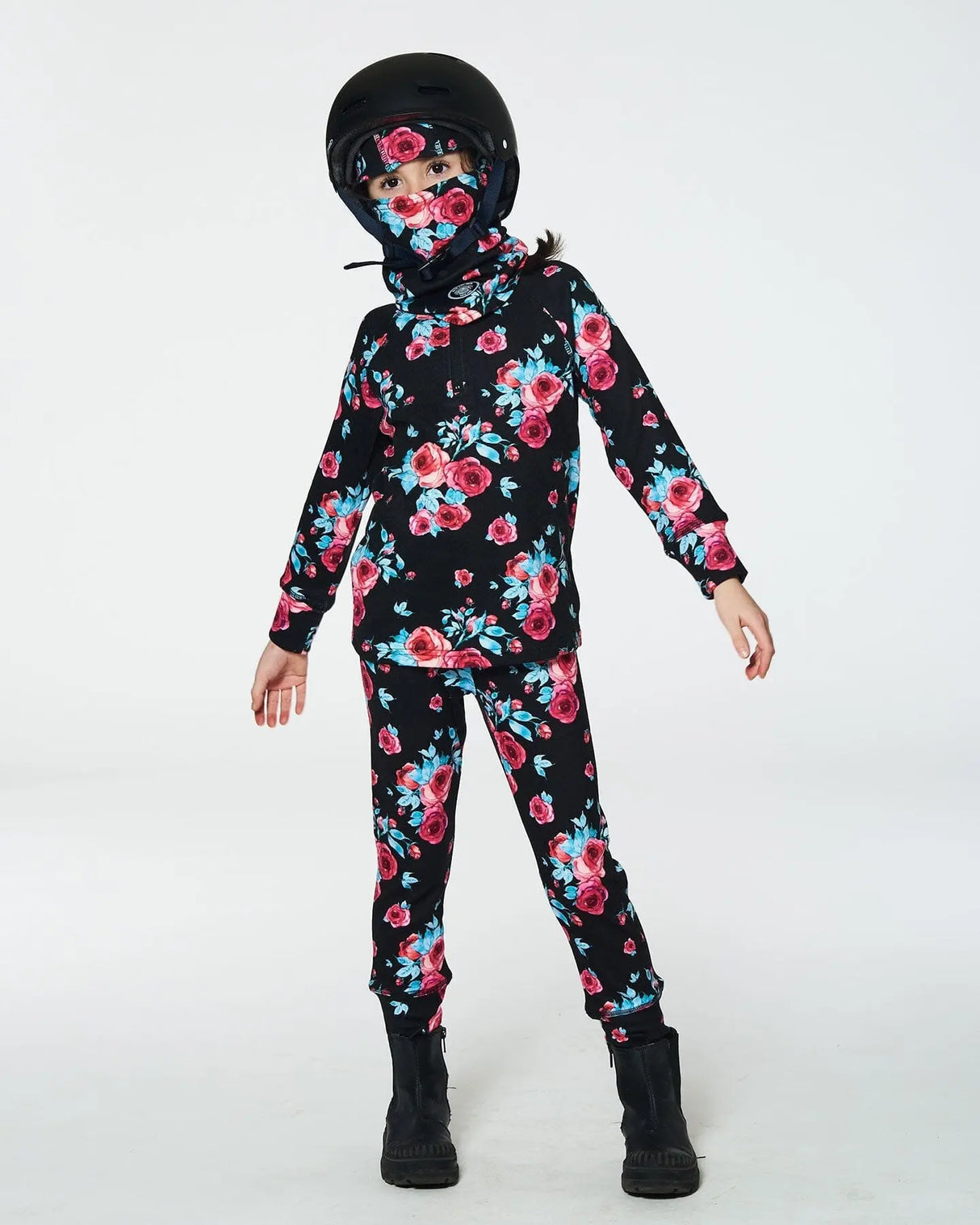 Two Piece Thermal Underwear Set Black Printed Roses | Deux par Deux | Jenni Kidz