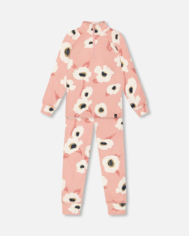 Two Piece Thermal Underwear Set Pink Printed Off White Flowers | Deux par Deux | Jenni Kidz