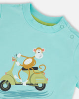 Two-Piece Top And Short Set Monkey On Navy And Turquoise Moped | Deux par Deux | Jenni Kidz