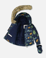 Inside view of jacket showing fleece lining and wind flap, kids winter suit.