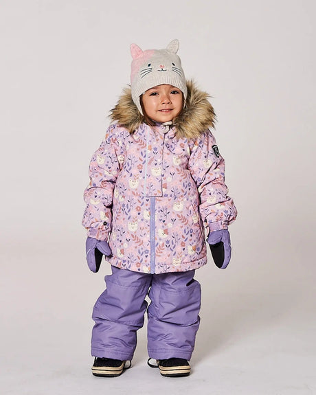 Baby girl in purple/gray two-piece ski suit, fleece-lined bib and removable booties.