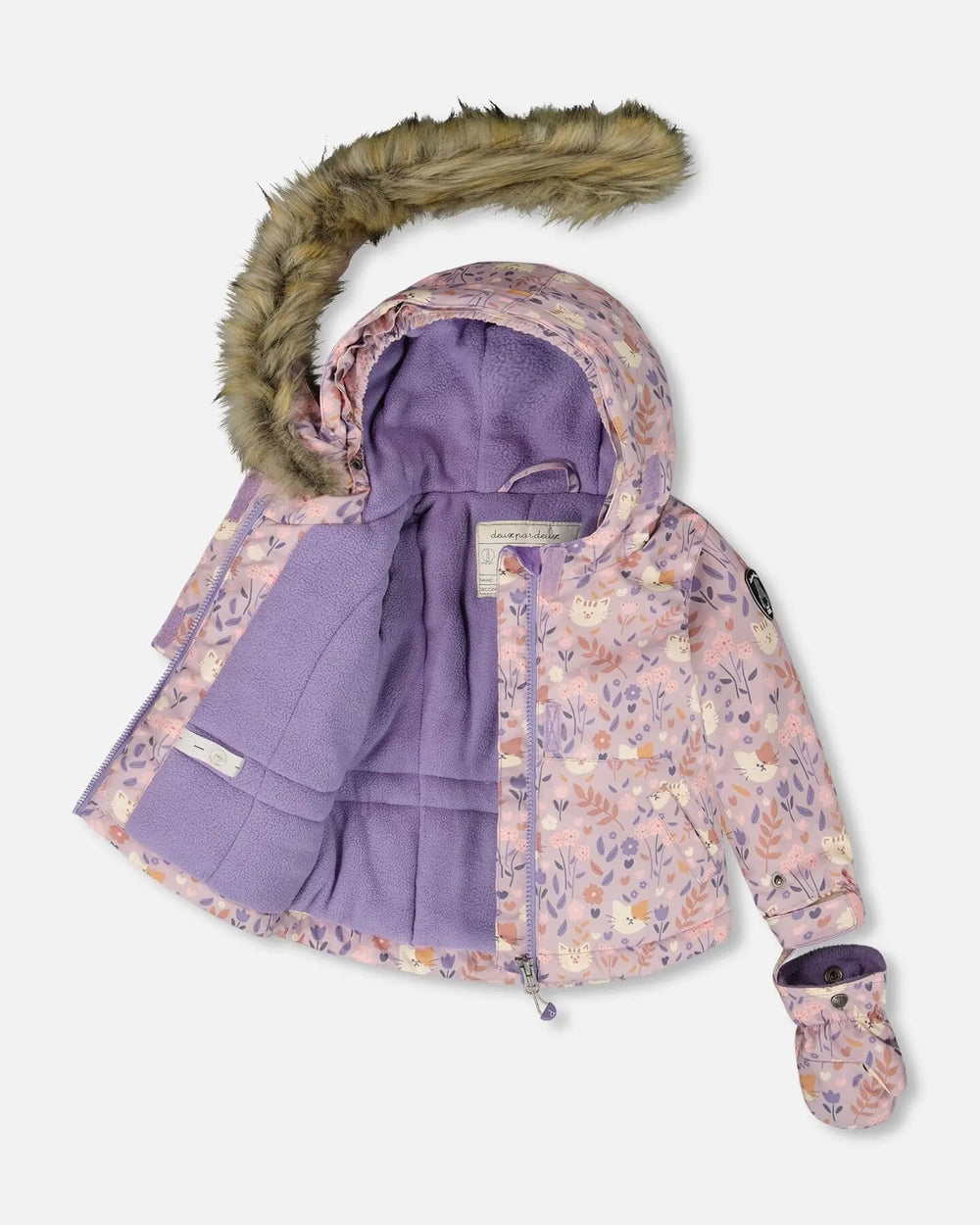 Inside view of jacket lining and chin guard, kids winter suit.