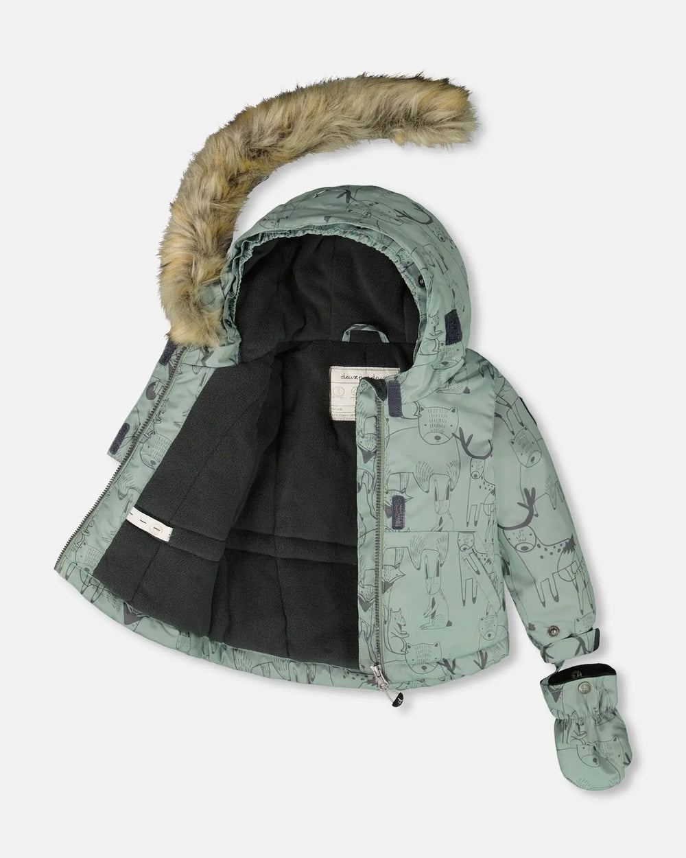 Inside view of jacket with fleece lining and chin guard, kids winter suit.