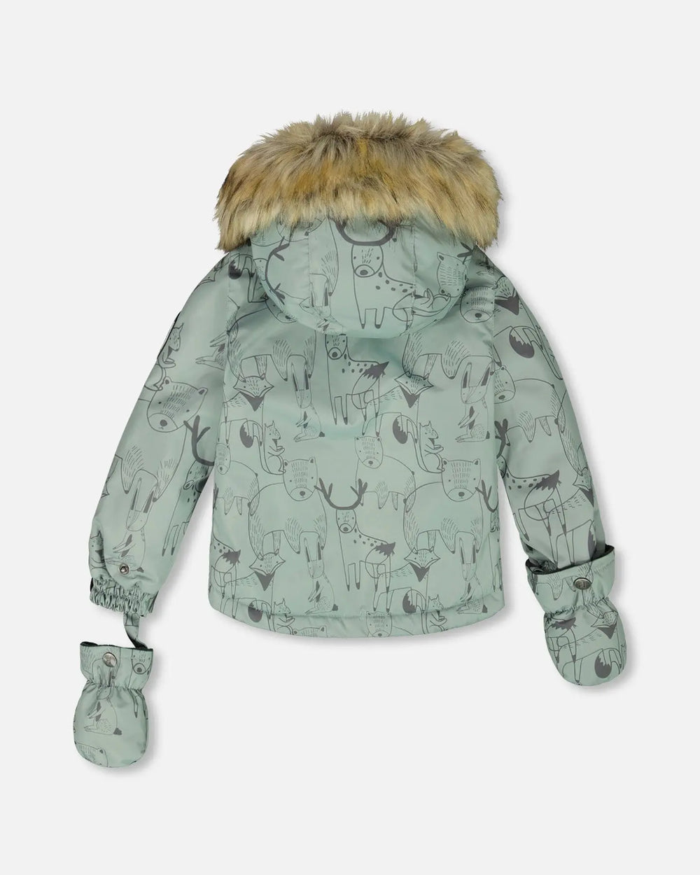 Back view of sage green jacket with faux-fur hood, two-piece ski suit.