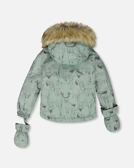 Back view of sage green jacket with faux-fur hood, two-piece ski suit.