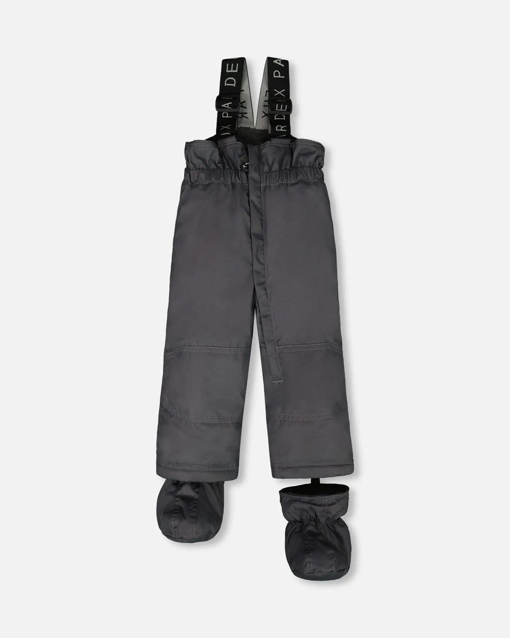 Charcoal bib pants with Cordura knees and ankle snow guards, ready to ship — buy now.