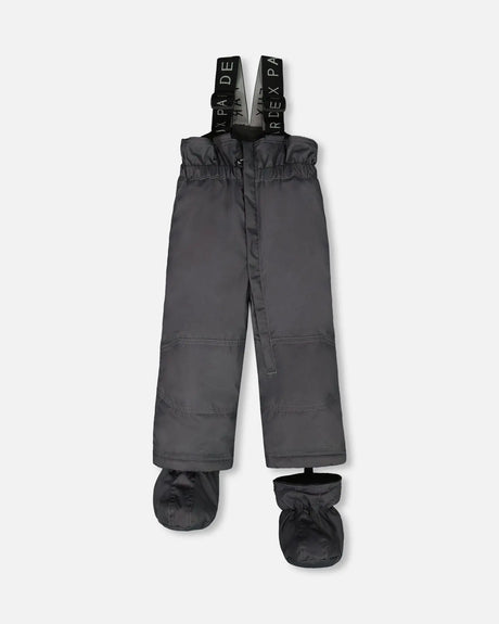 Charcoal bib pants with Cordura knees and ankle snow guards, ready to ship — buy now.