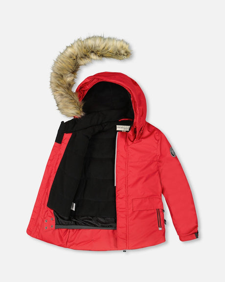 nside fleece-lined jacket with wind flap and chin guard, boys snowsuit