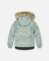Back view of jacket and snow pants, faux-fur hood, kids winter suit