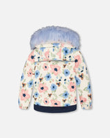 Back view of light-blue printed jacket with faux-fur hood, kids winter suit.