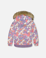 Back view of Purple/Gray jacket showing faux-fur hood and elastic cuffs.
