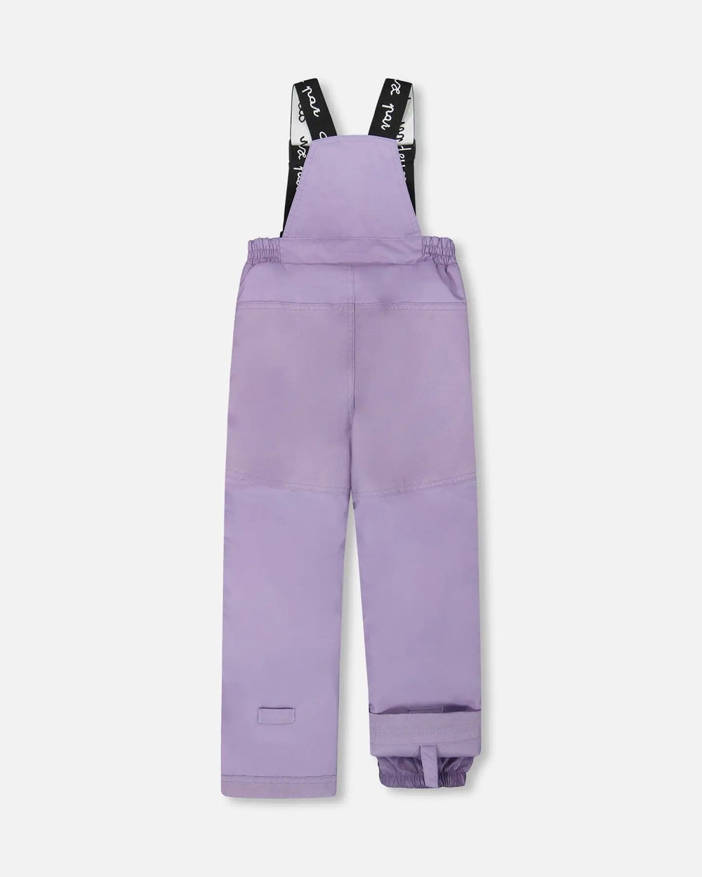 Purple bib pants with suspenders, snow guards, and reinforced panels.