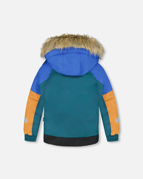 Back view of colorblocked winter jacket with hood