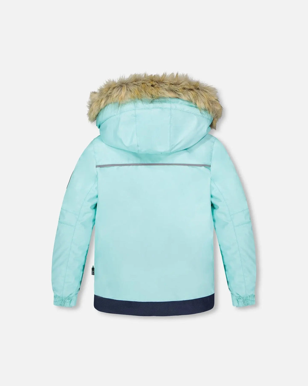 Back view of Blue Flower jacket showing hood and elastic cuffs, kids winter suit.