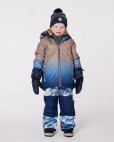 Back of gradient jacket with faux-fur hood, two-piece ski suit.