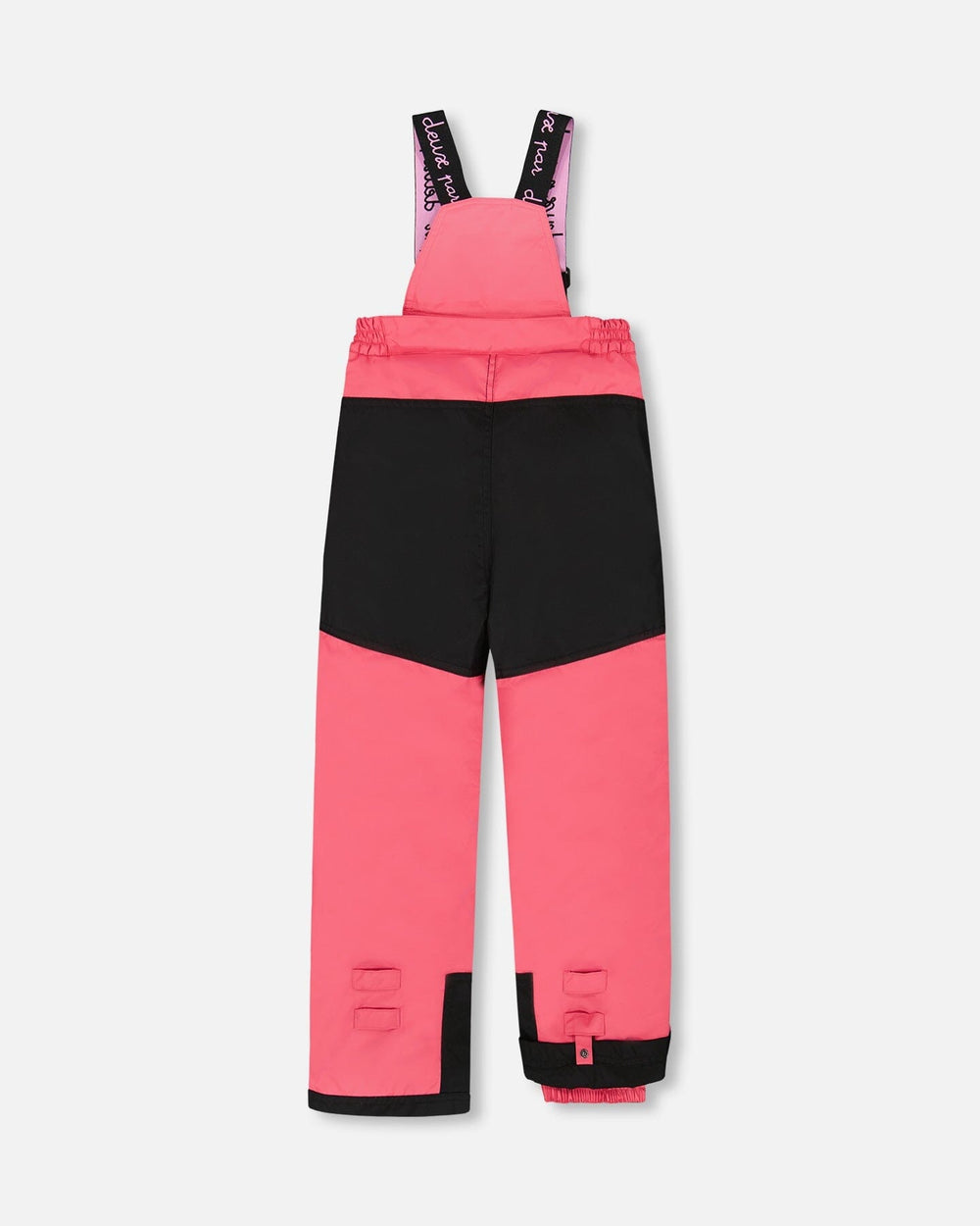 Rear view of flash coral bib pants with Cordura knees, ankle gaiters.