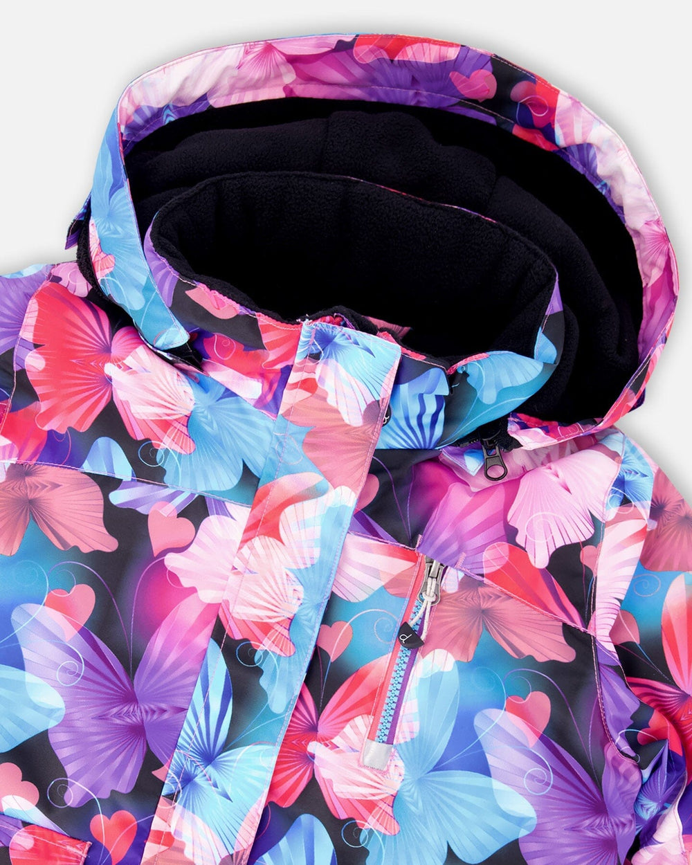 Flat lay — butterfly jacket and snow pants, ships fast - buy now.