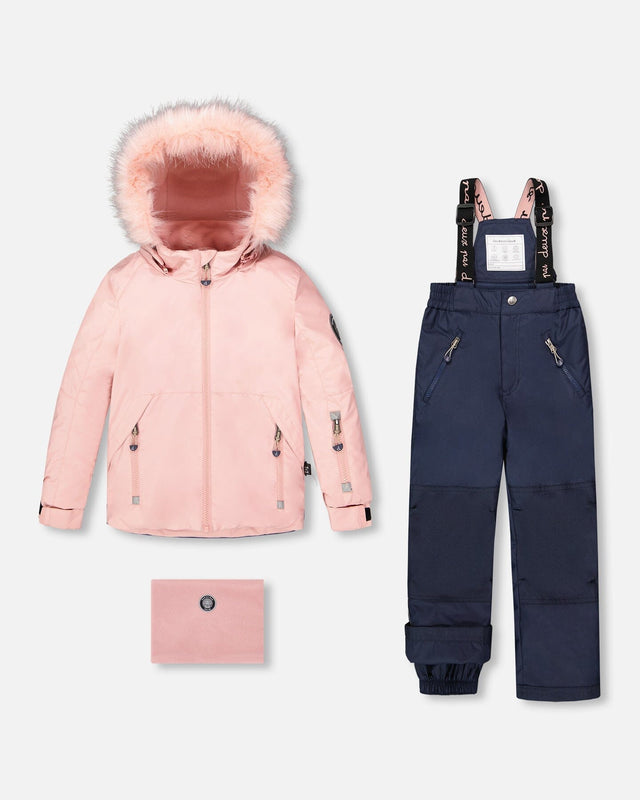 Girls snowsuit two-piece ski suit pink jacket + navy snow pants, waterproof to −30C