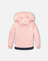 Back view of jacket and snow pants, pink jacket with faux-fur hood, kids winter suit
