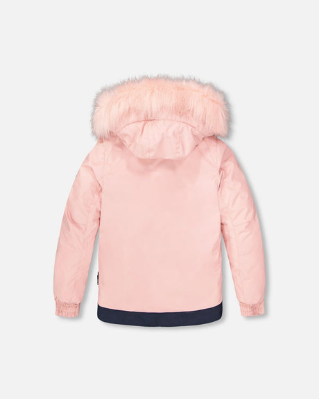 Back view of jacket and snow pants, pink jacket with faux-fur hood, kids winter suit