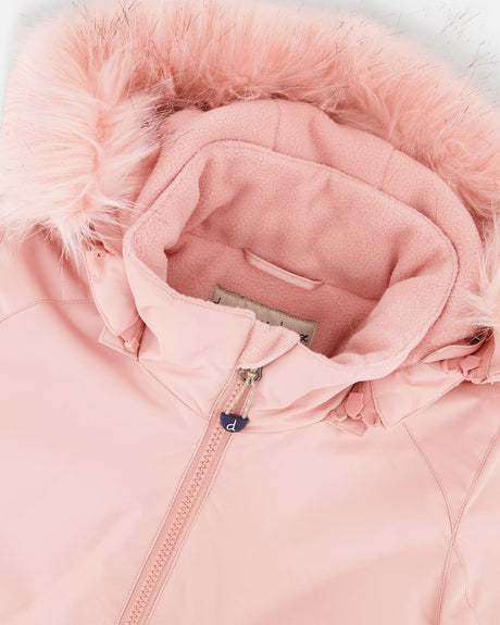 Inside jacket showing fleece lining and snow skirt, girls snowsuit