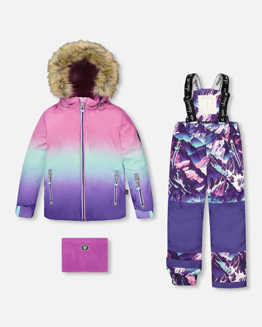 Girls two-piece ski suit — purple Mountain-print jacket with purple pants, waterproof to −30C.