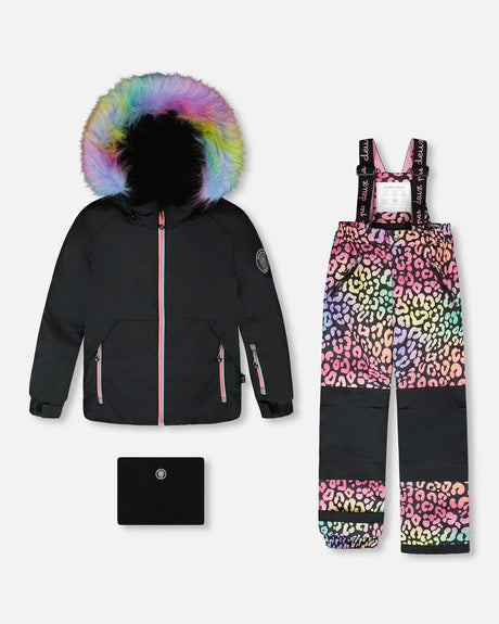 Girls two-piece ski suit — rainbow leopard jacket with black pants, waterproof to -30C.