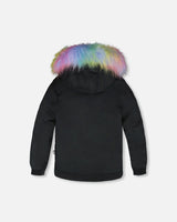 Back view of rainbow hood trim, two-piece ski suit.-3