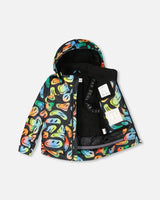 Inside of jacket showing fleece lining, wind flap, and pass pocket — kids winter suit.